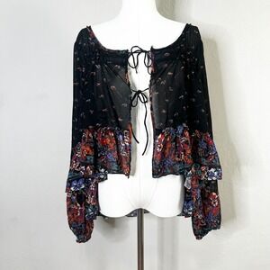Free People Black Floral Print Tie Front Sheer Blouse Kimono Style Top S